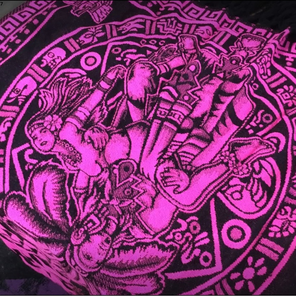 Women’s Gorgeous Pink & Black Fringe Poncho With Unique Designs One Size